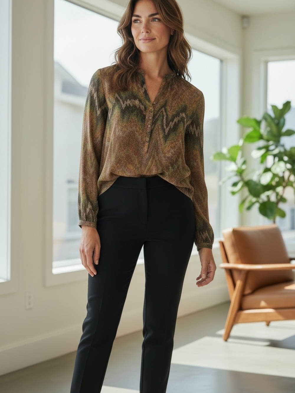 Burning Torch 100% Silk
Zigzag Print Long Sleeve V-
Neck Blouse